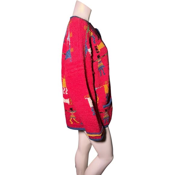 Amiano Handknit Bolivia Wool Cardigan Red Folk Art Sweater Vintage - Picture 2 of 9